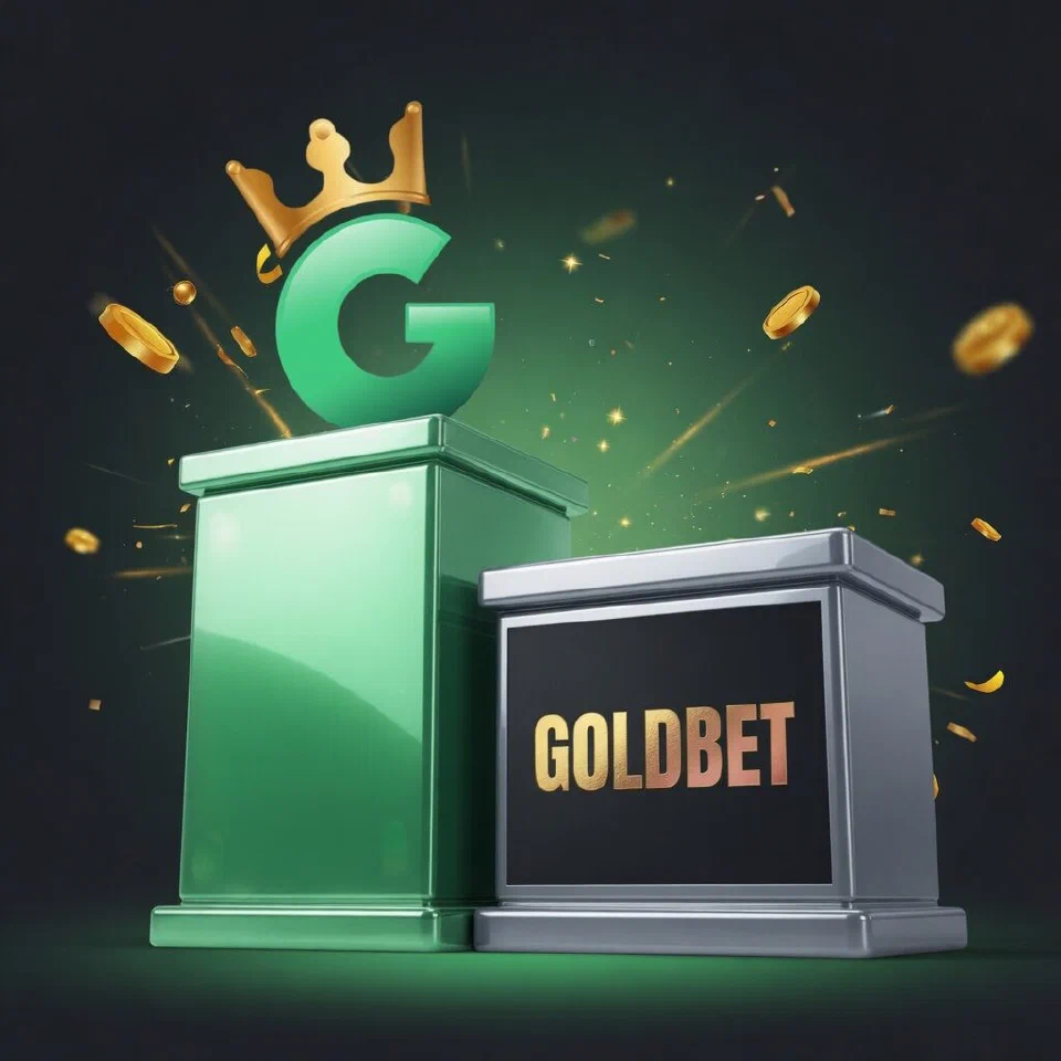 1GO crowned G emblem on a mint podium beside the Goldbet logo on a grey podium