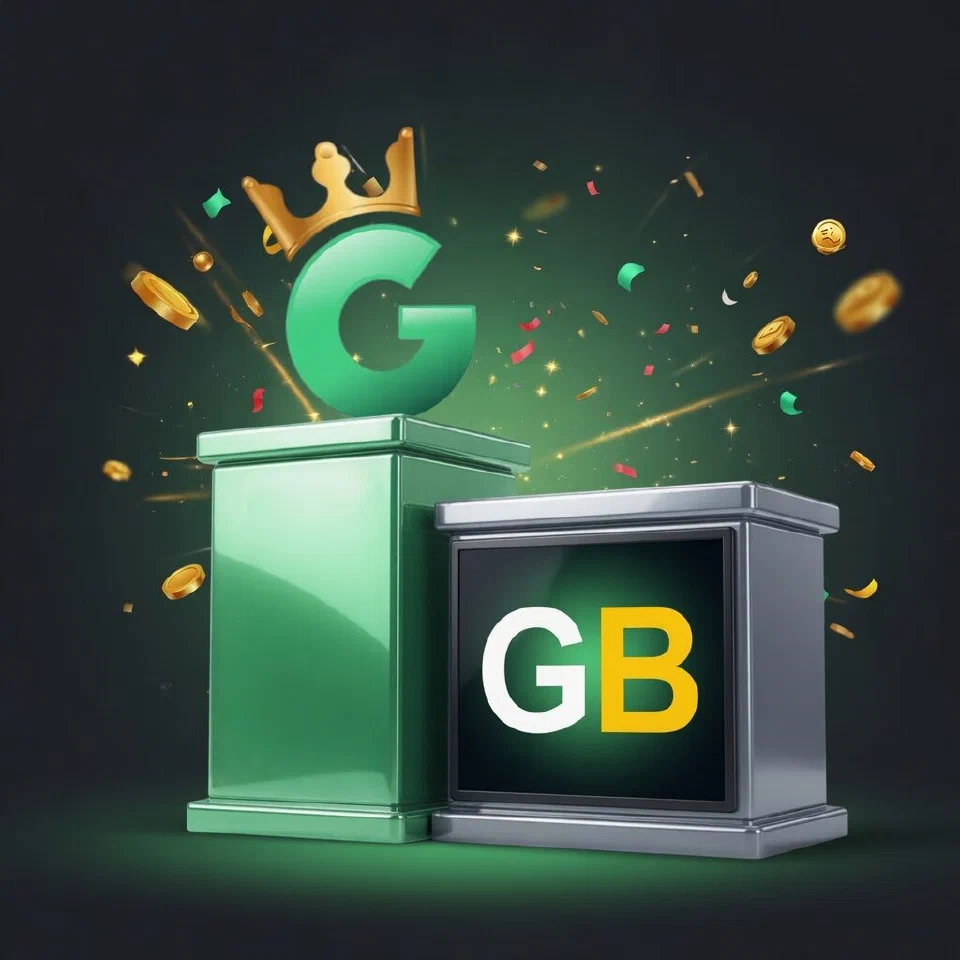 1GO crowned G emblem on a mint podium beside the Gullybet logo on a grey podium