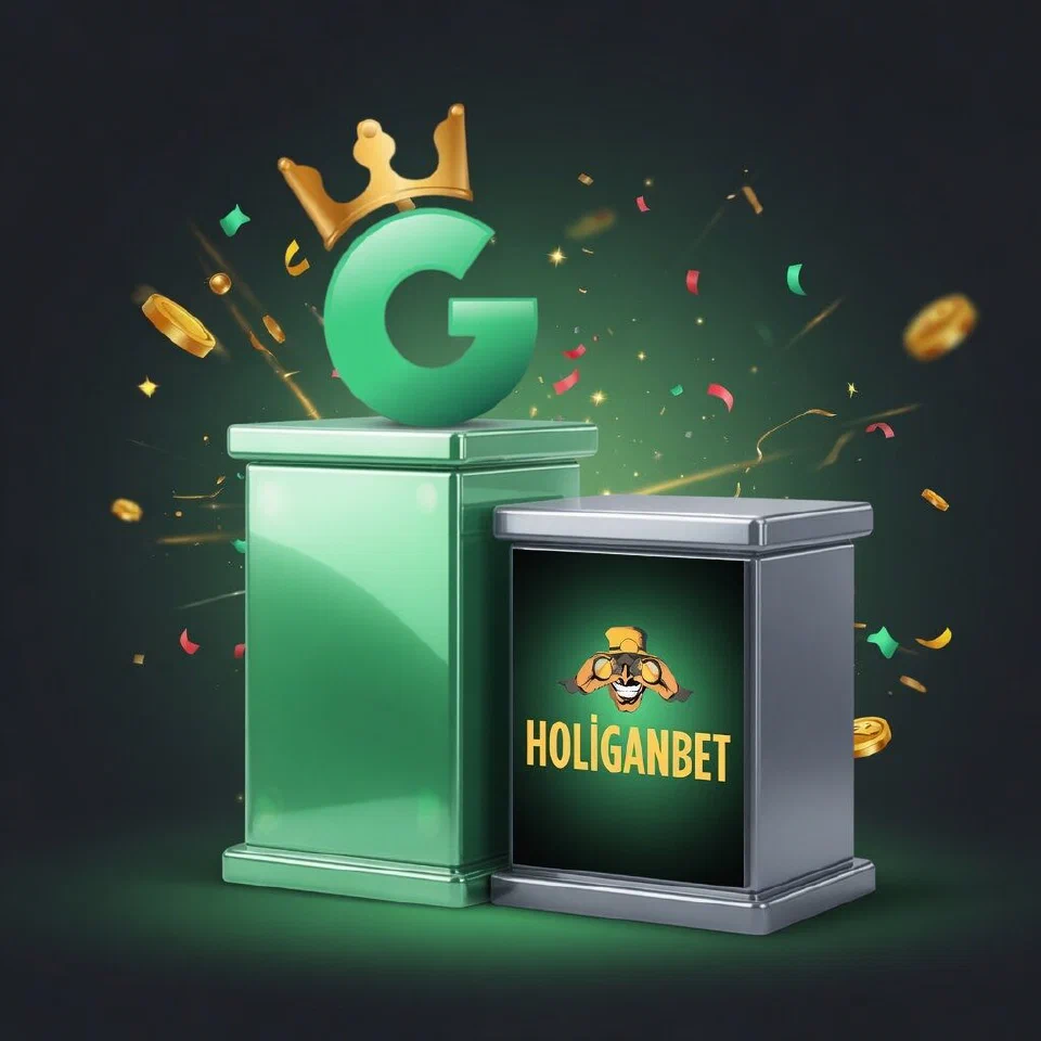 1GO crowned G emblem on a mint podium beside the HoliganBet logo on a grey podium