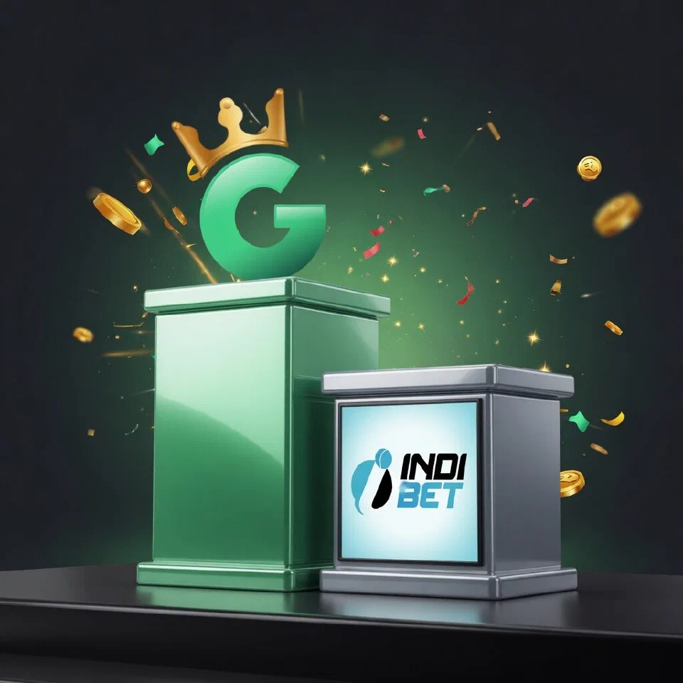 1GO crowned G emblem on a mint podium beside the Indibet logo on a grey podium