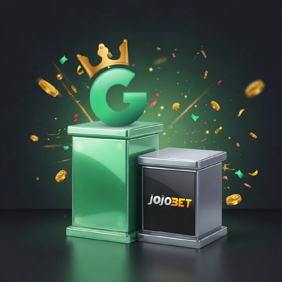 1GO crowned G emblem on a mint podium beside the Jojobet logo on a grey podium