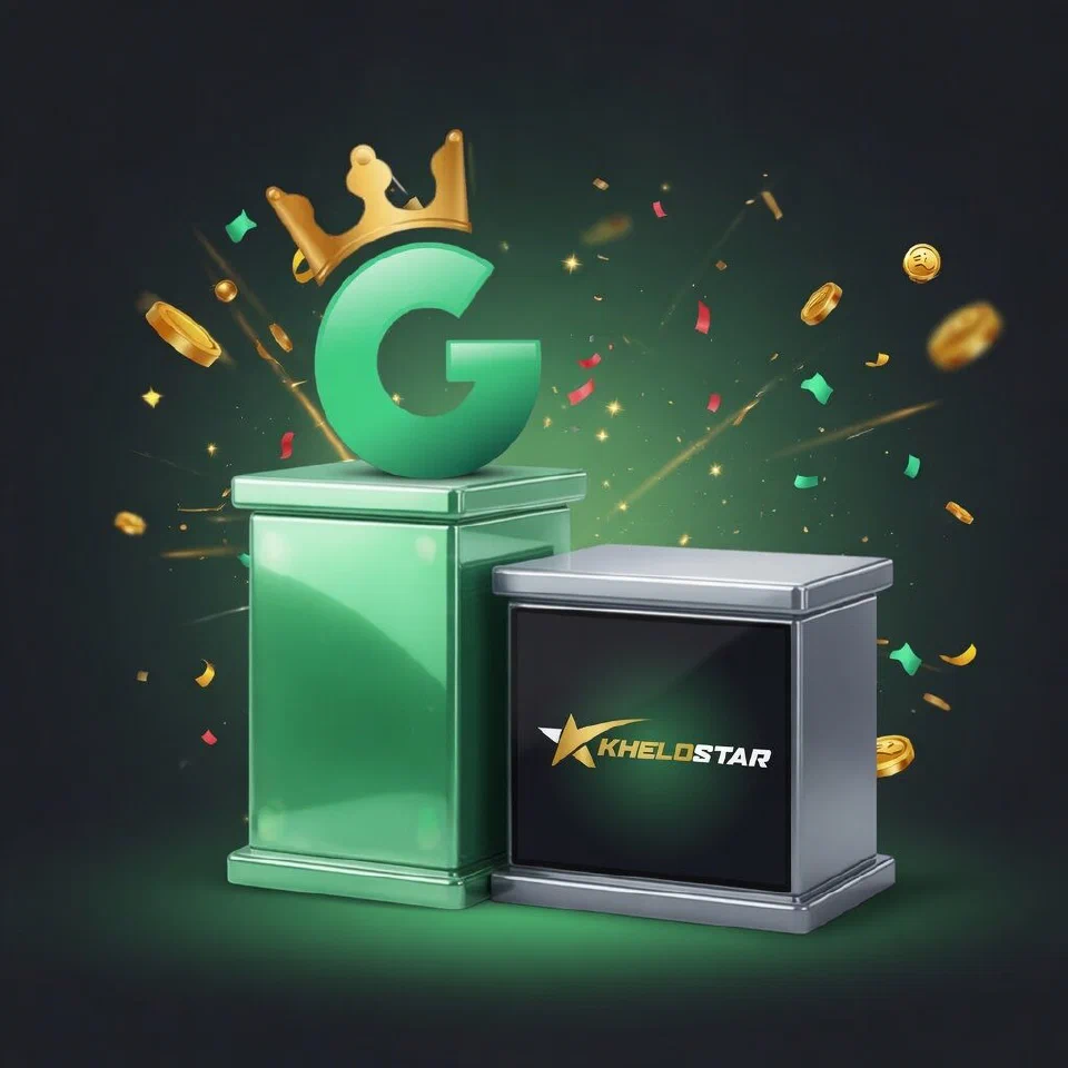 1GO crowned G emblem on a mint podium beside the Khelostar logo on a grey podium