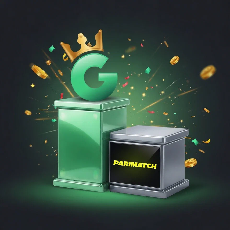 1GO crowned G emblem on a mint podium beside the Parimatch logo on a grey podium