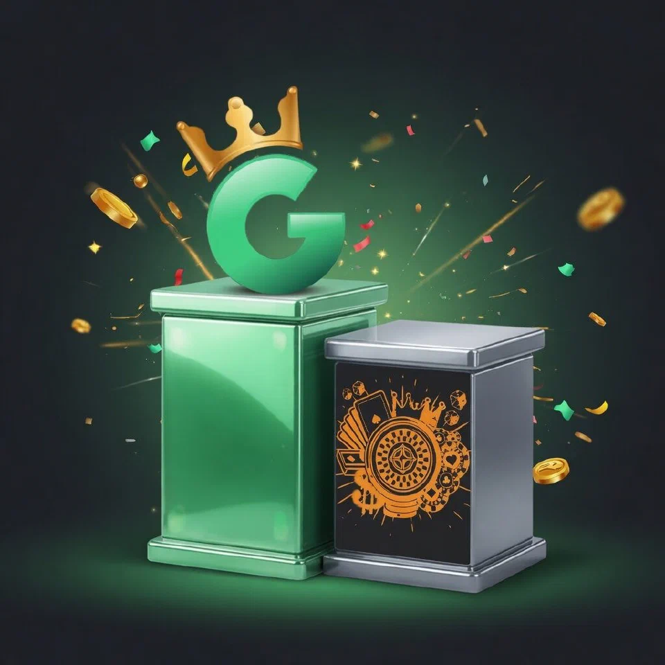 1GO crowned G emblem on a mint podium beside the Play In Exchange logo on a grey podium