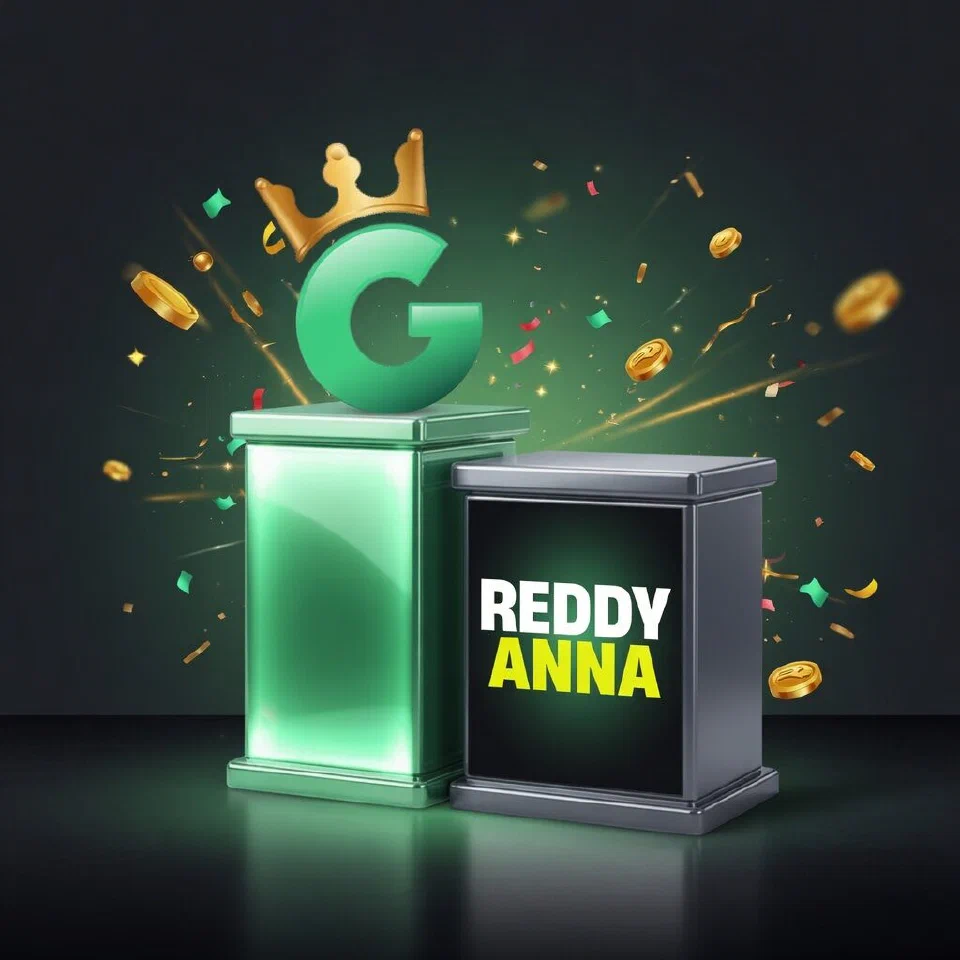1GO crowned G emblem on a mint podium beside the Reddy Anna logo on a grey podium