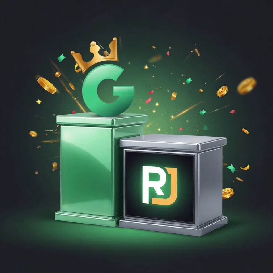1GO crowned G emblem on a mint podium beside the Royaljeet logo on a grey podium