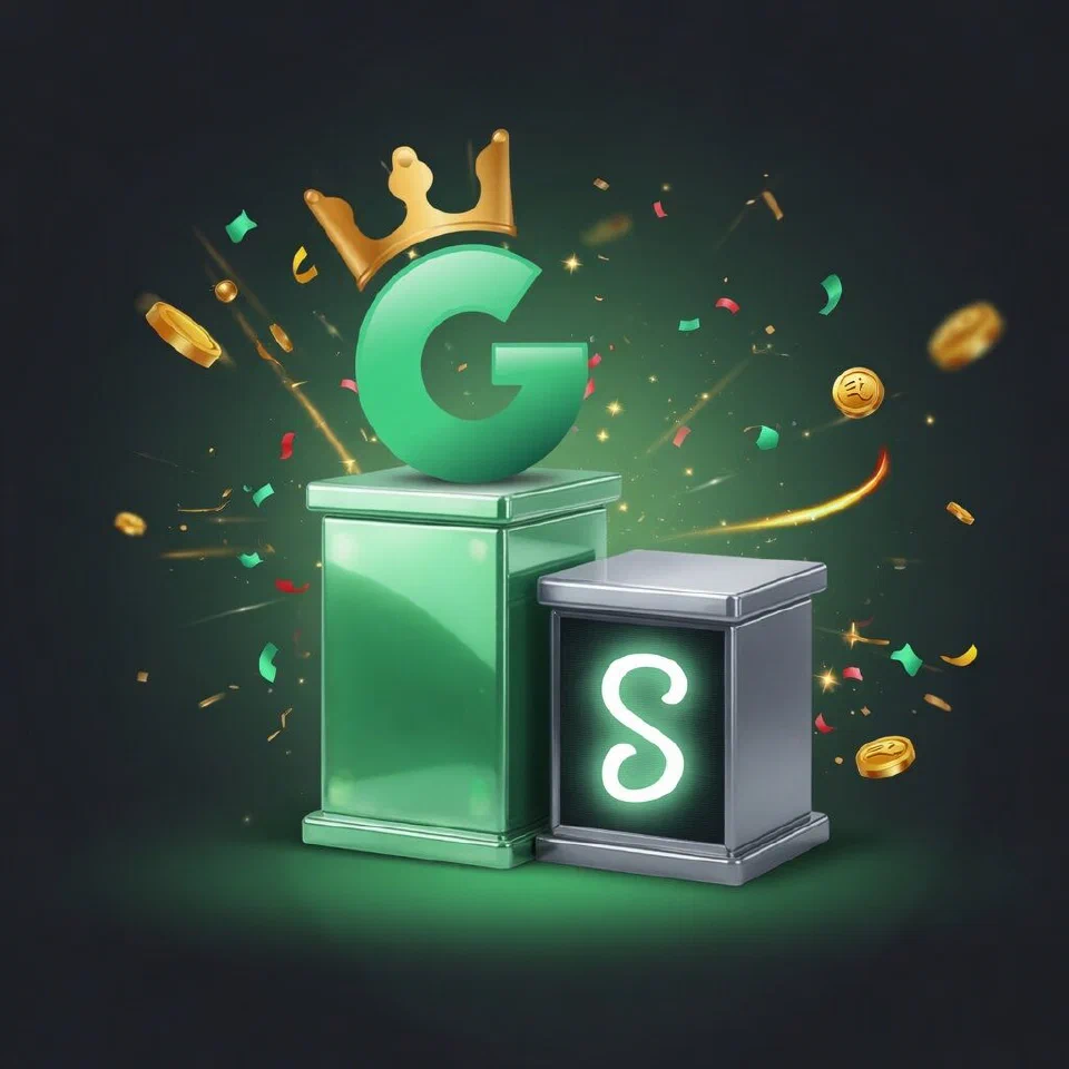 1GO crowned G emblem on a mint podium beside the Stake logo on a grey podium