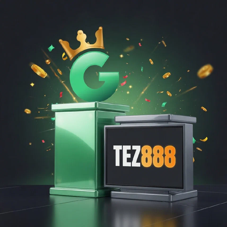 1GO crowned G emblem on a mint podium beside the Tez888 logo on a grey podium