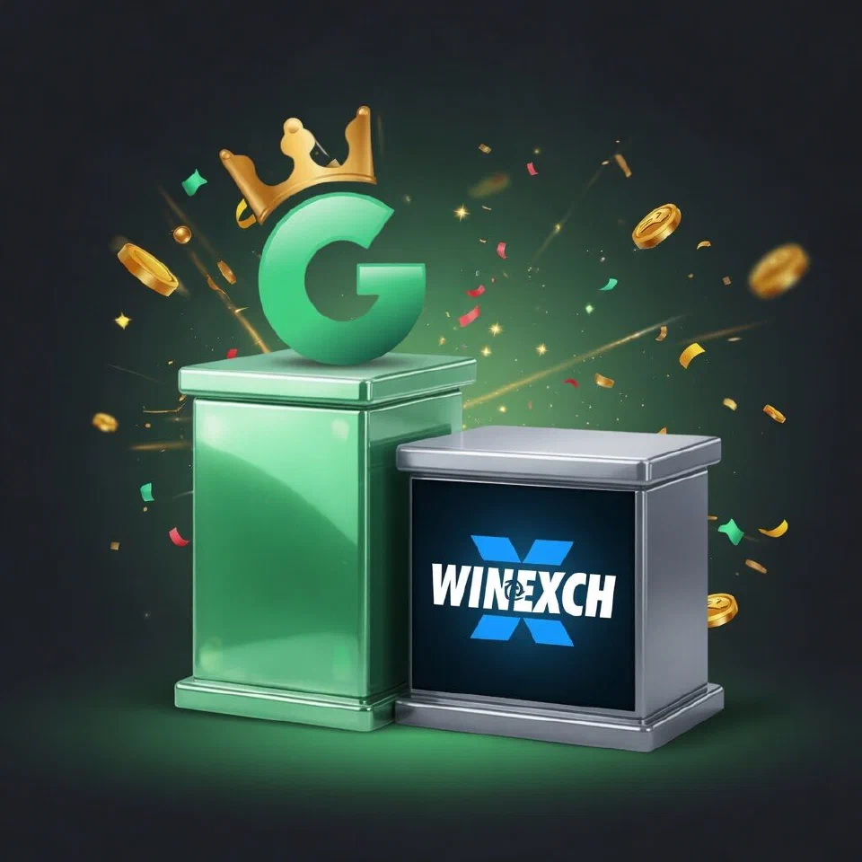 1GO crowned G emblem on a mint podium beside the Winexch logo on a grey podium