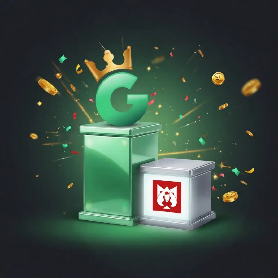 1GO crowned G emblem on a mint podium beside the Winmatch logo on a grey podium