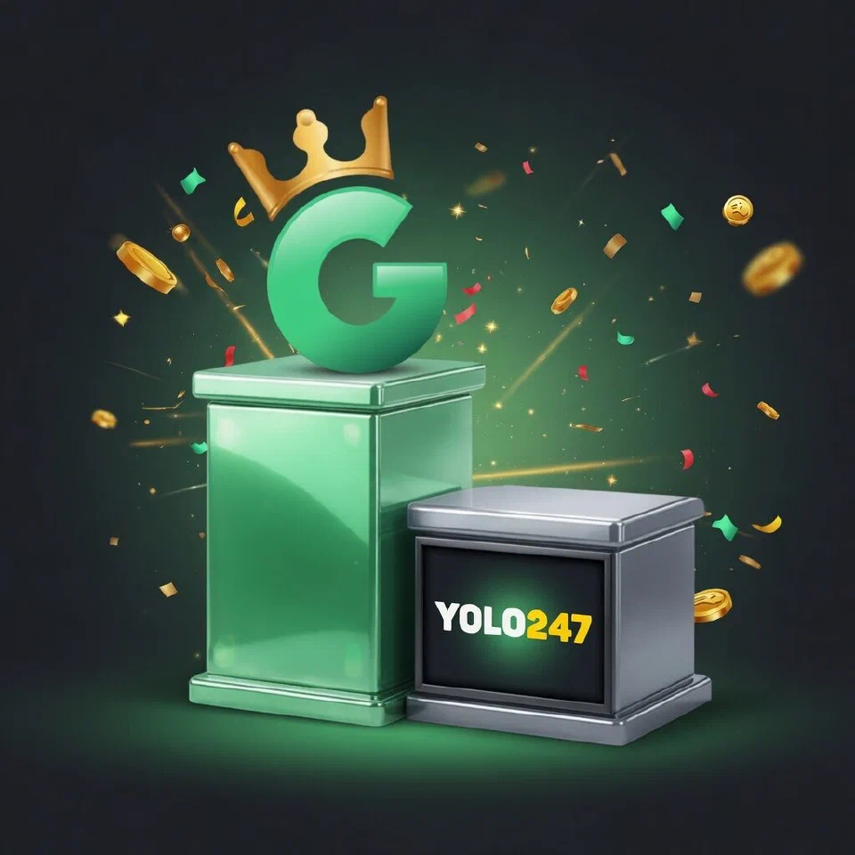 1GO crowned G emblem on a mint podium beside the Yolo247 logo on a grey podium